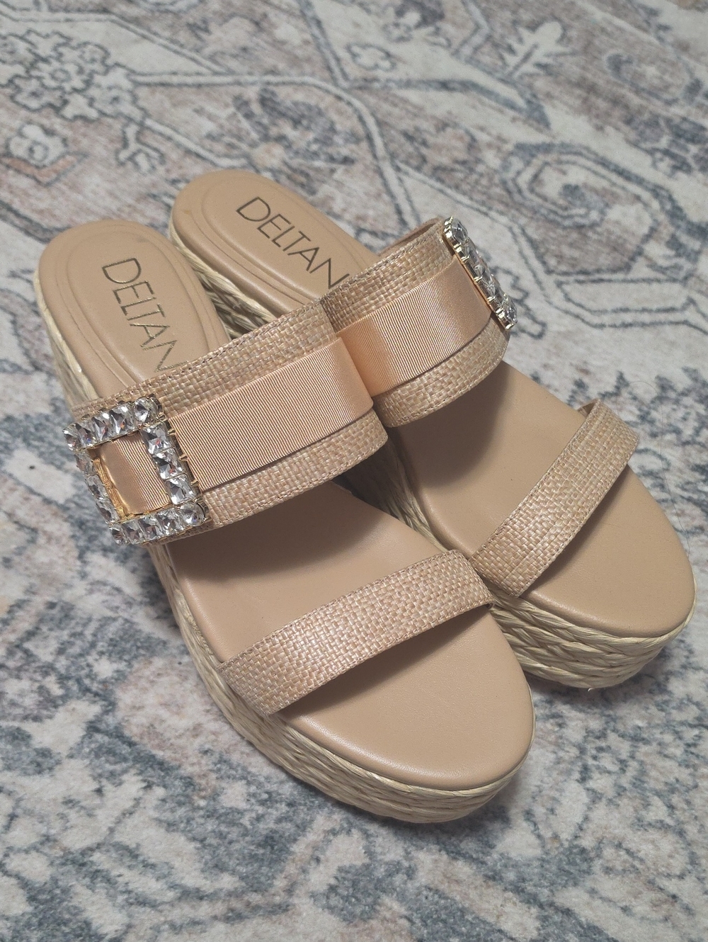 New Deltan Womens Size 9.5 Beige Platform Slide Sandals with Rhinestone Buckle.